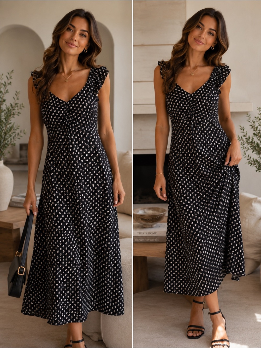 Michael Kors Womens Polka Dot Ruffle Midi Black Dress